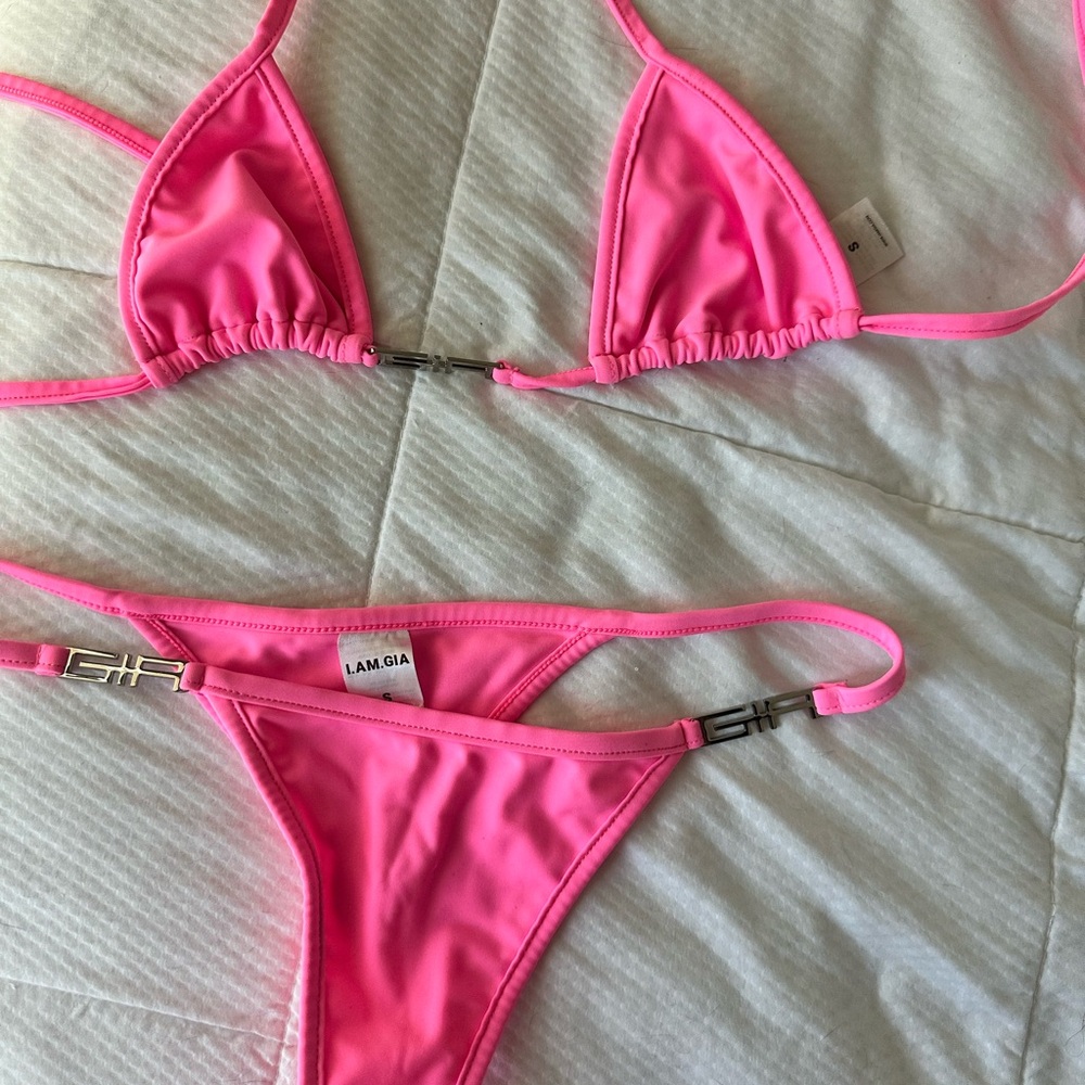 I.AM.GIA Hot Pink Triangle Bikini Set with Metal Accents